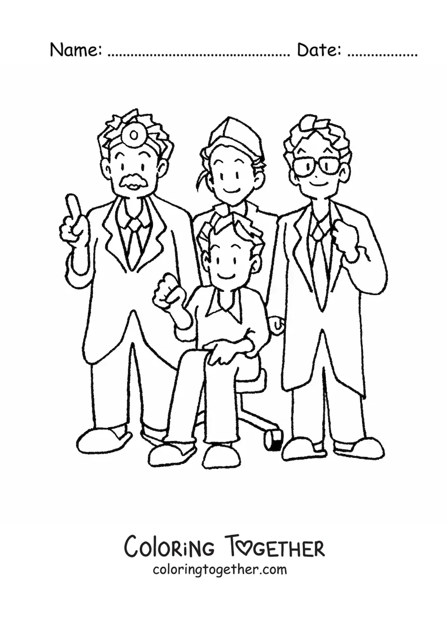 Coloring page of three doctors and a patient