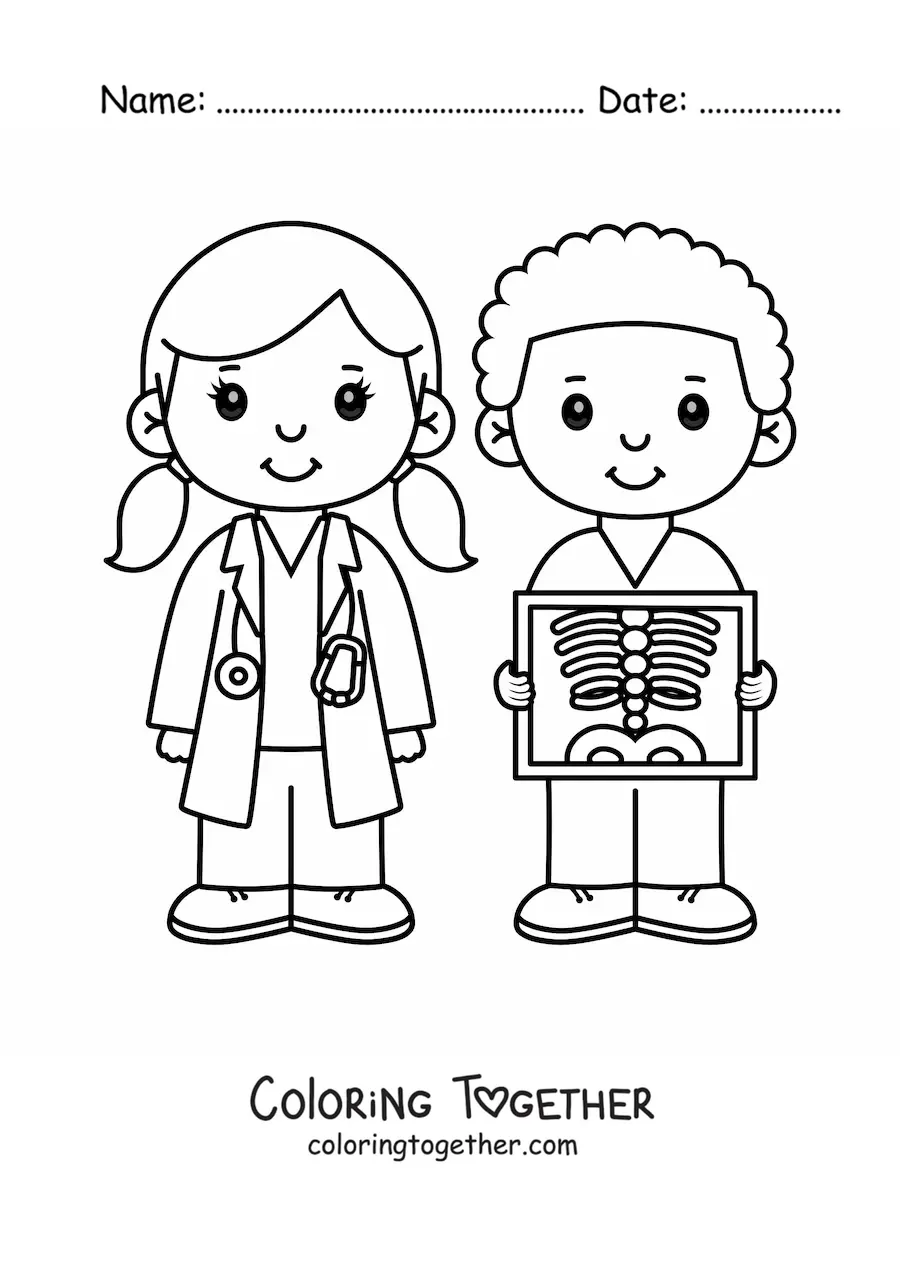 Coloring page of a kawaii doctor and radiologist