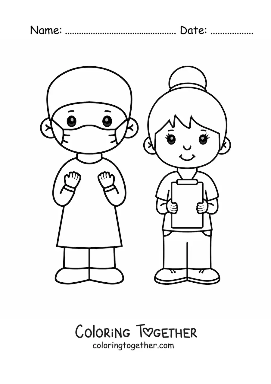 Coloring page of a kawaii surgeon and nurse