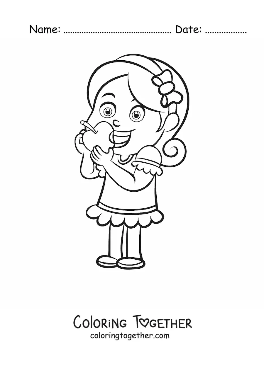 Coloring page of a girl eating an apple
