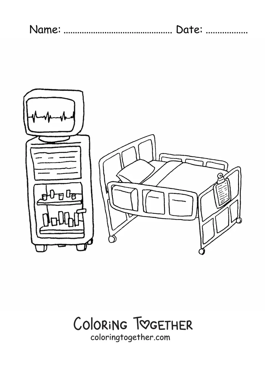 Coloring page of a hospital bed and medical equipment