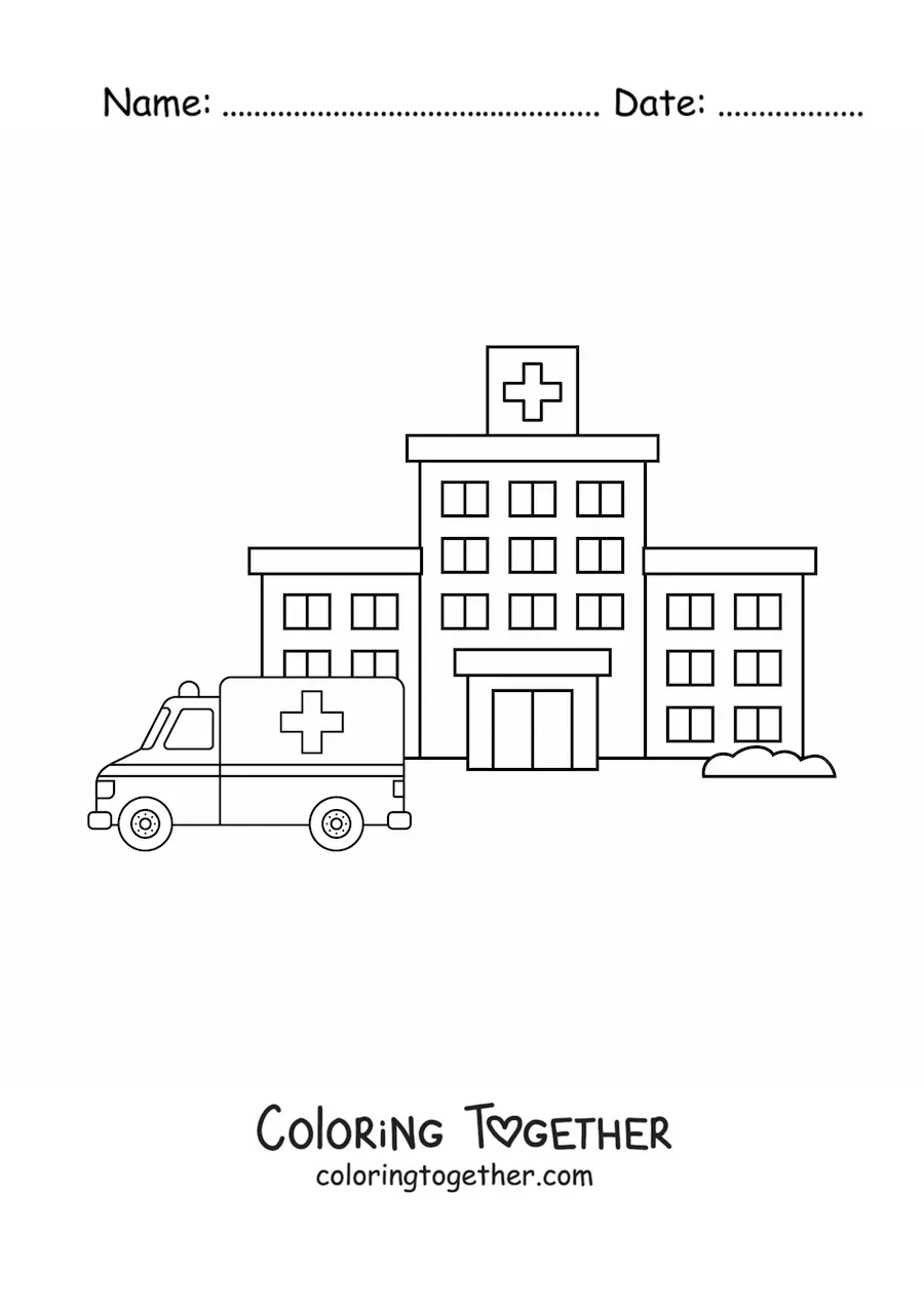 Coloring page of a hospital and an ambulance