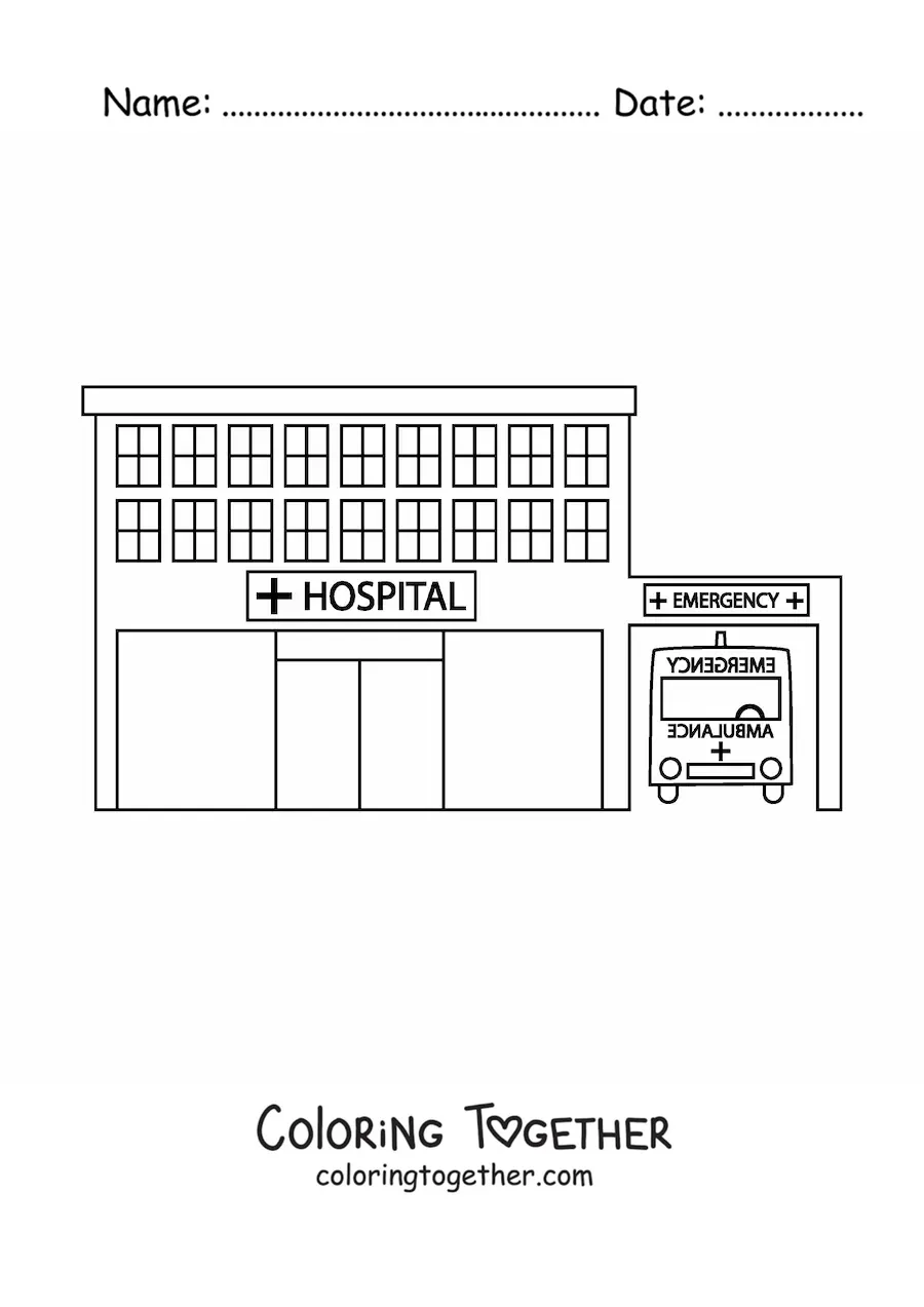 Coloring page of a hospital and a parked ambulance
