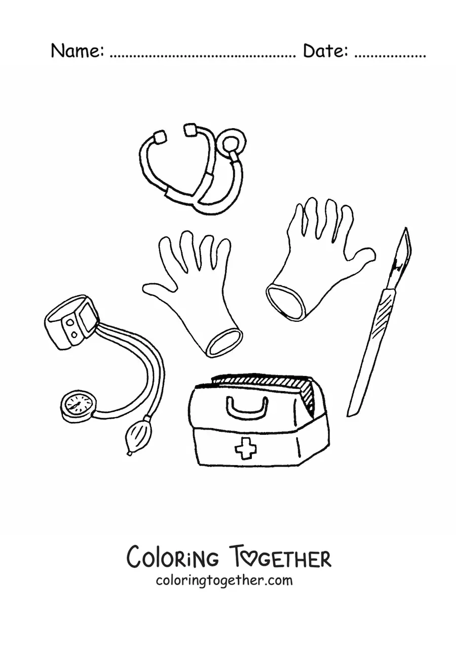 Coloring page of several medical instruments