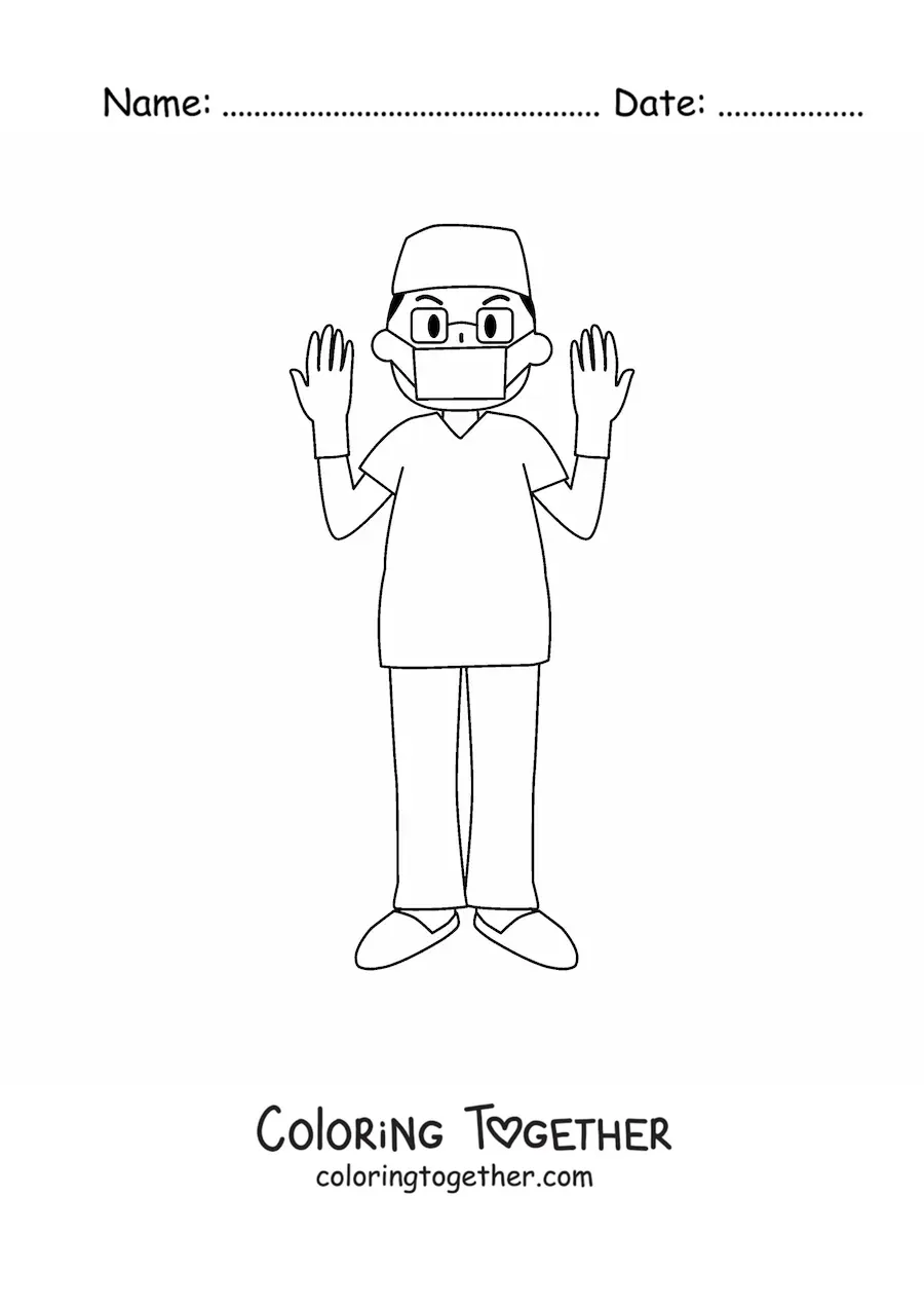 Coloring page of a nurse with gloves and a mask