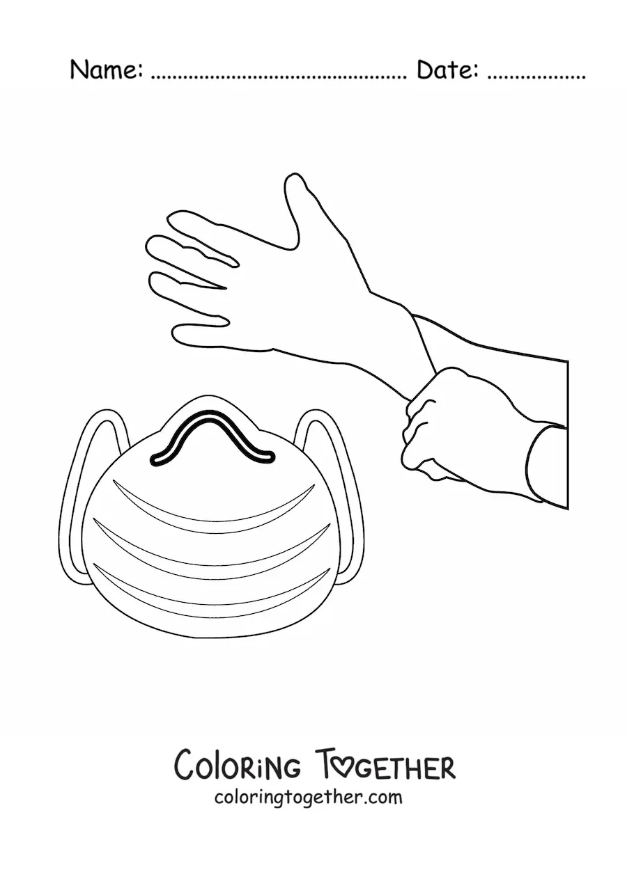 Coloring page of clean hands and a mask