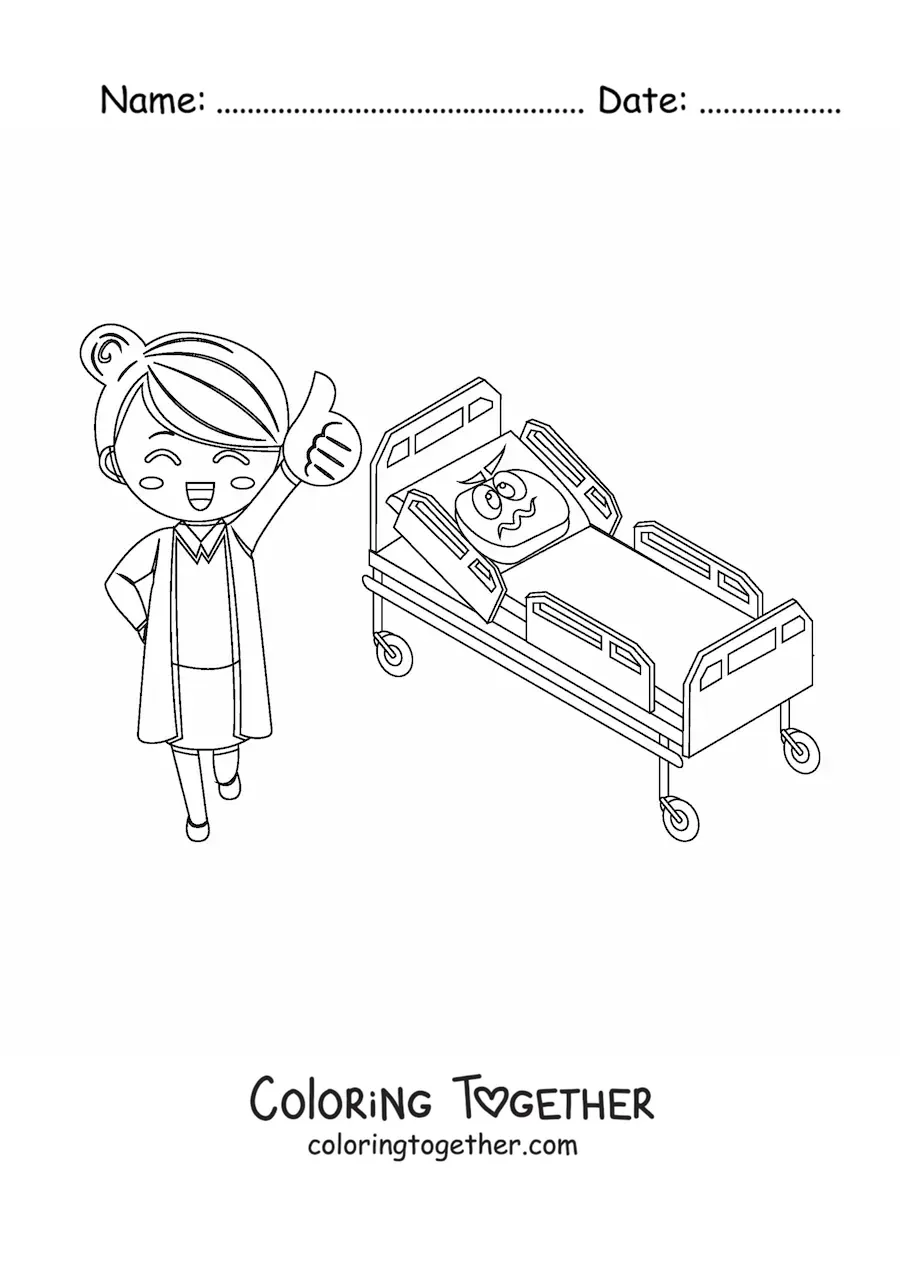 Coloring page of a cartoon nurse and a hospital bed