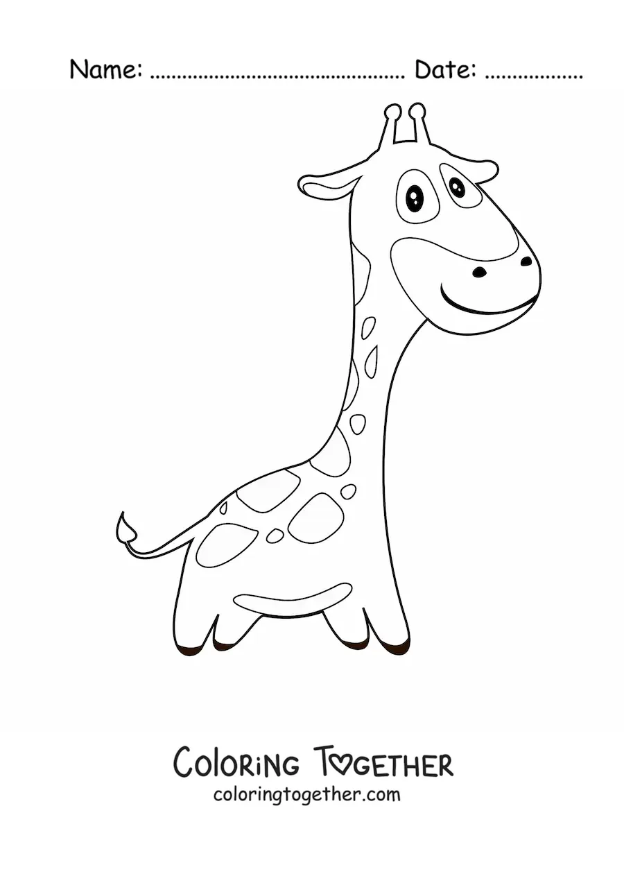 Coloring page of a smiling cartoon giraffe