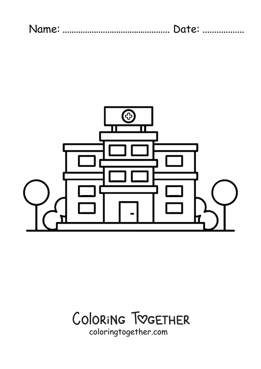 Coloring page of a cartoon hospital