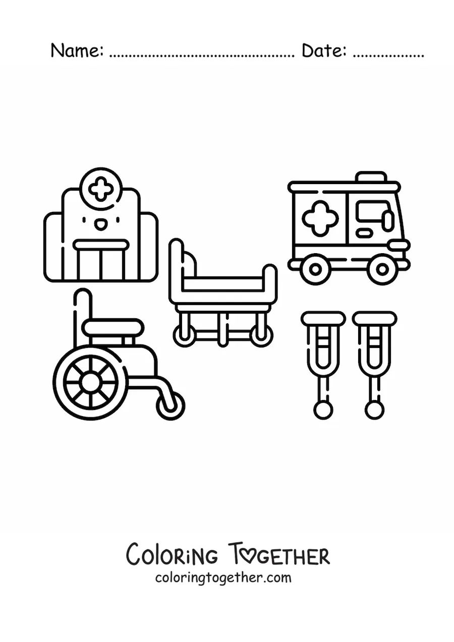Coloring page of hospital elements