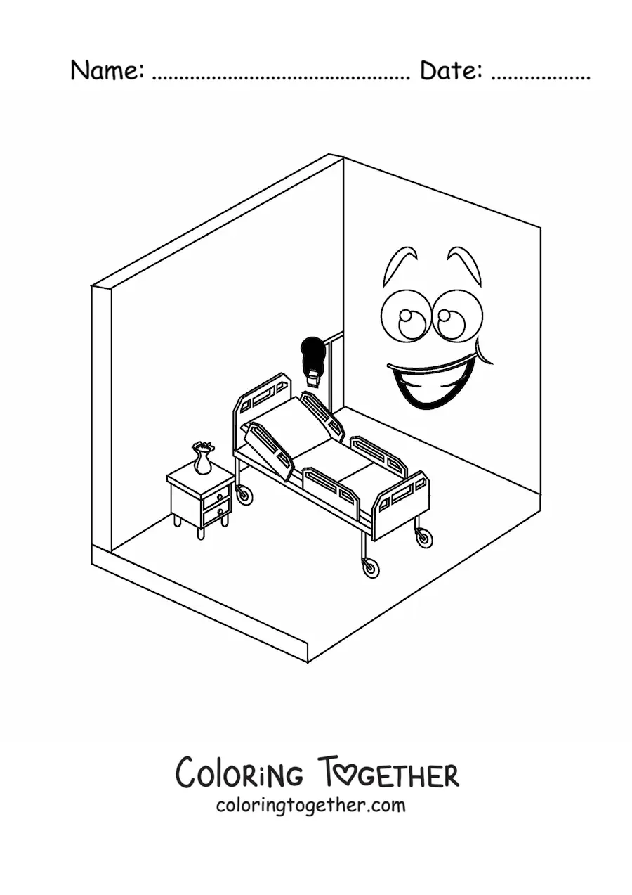 Coloring page of a cartoon hospital room