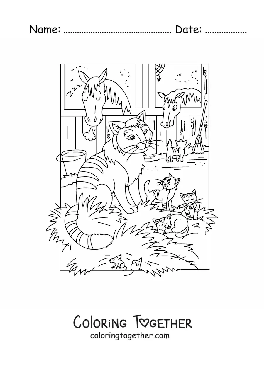 Coloring page of four cartoon cats and two horses in a stable