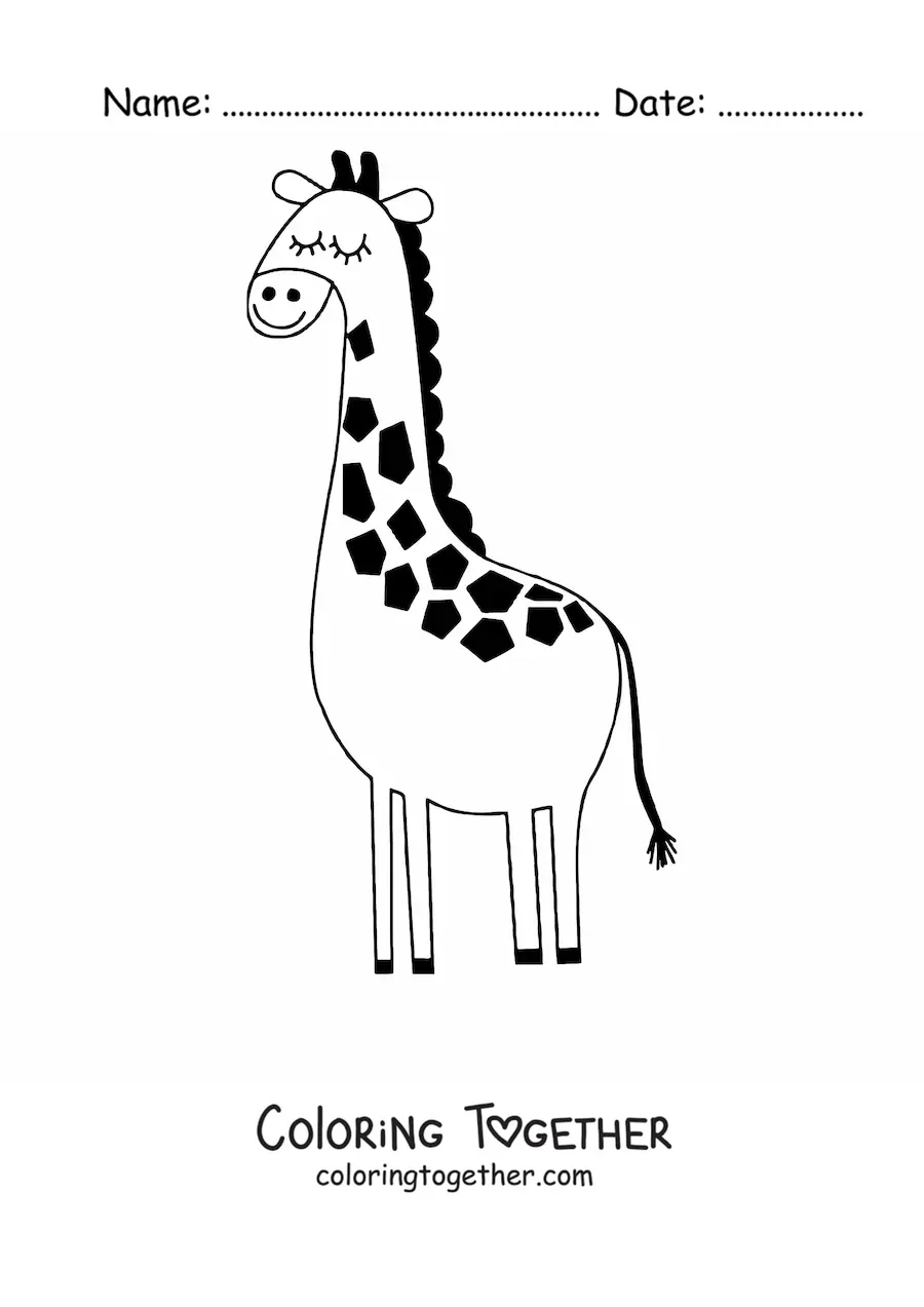 Coloring page of a smiling cartoon giraffe with its eyes closed