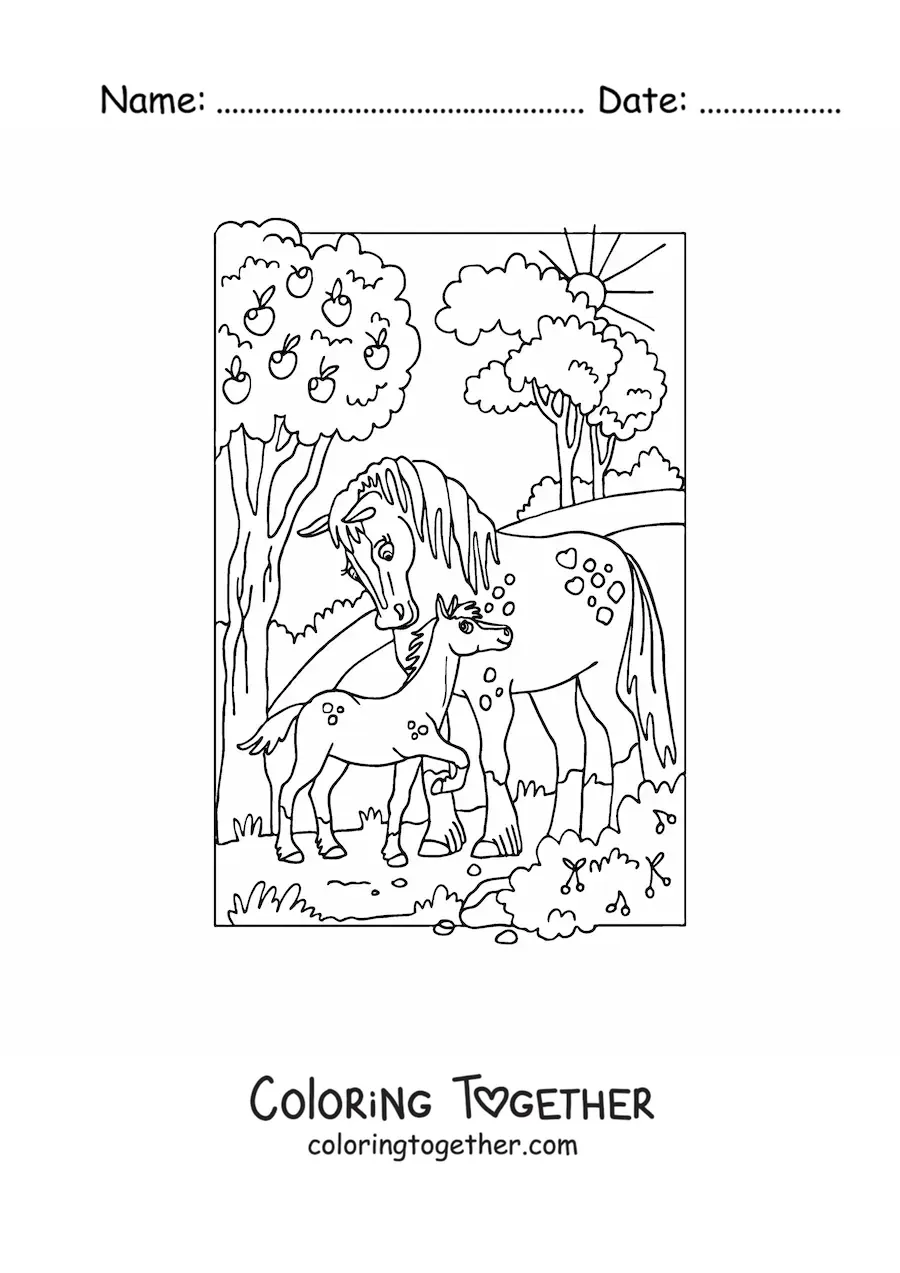 Coloring page of two cartoon horses