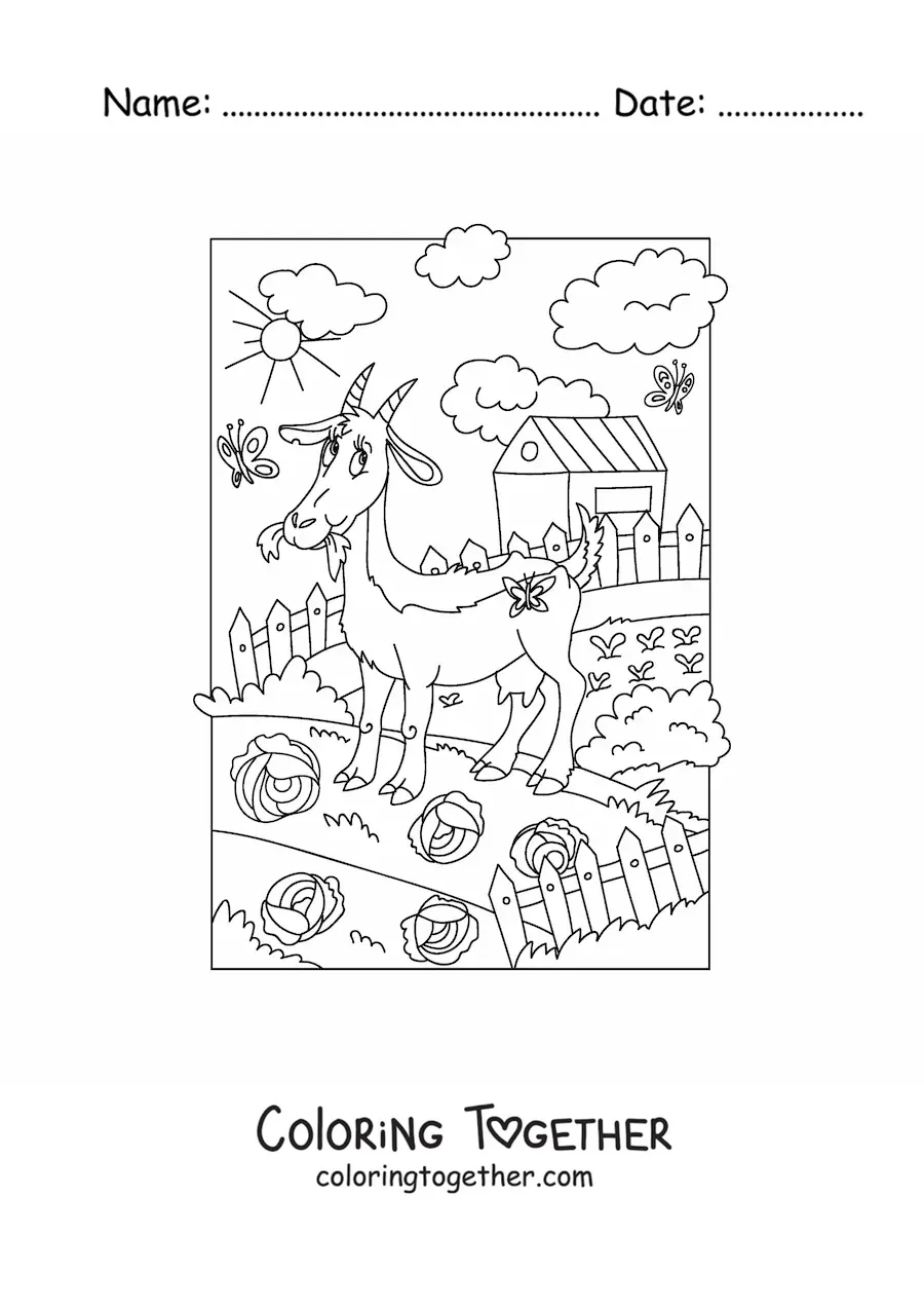 Coloring page of a cartoon goat grazing on the farm