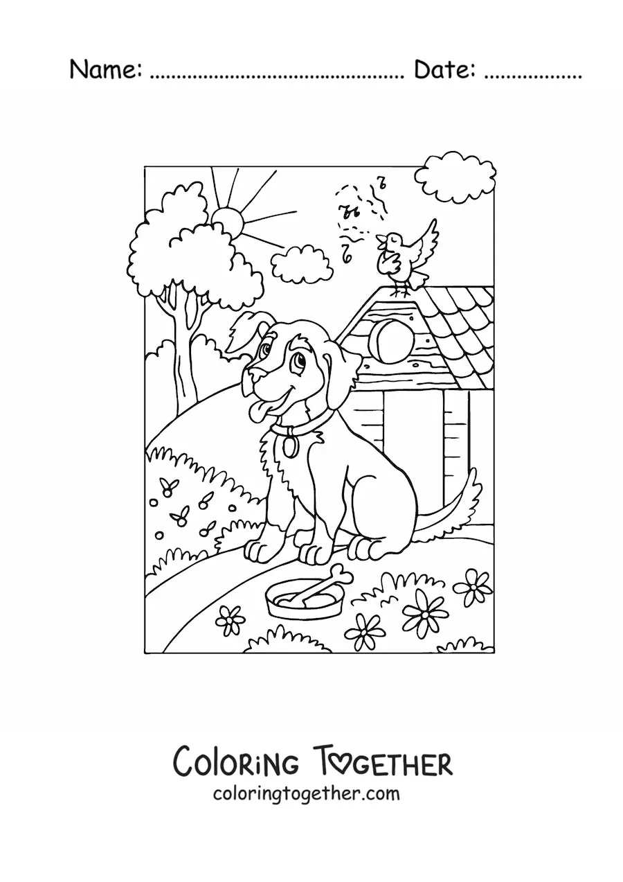 Coloring page of a cartoon dog on the farm