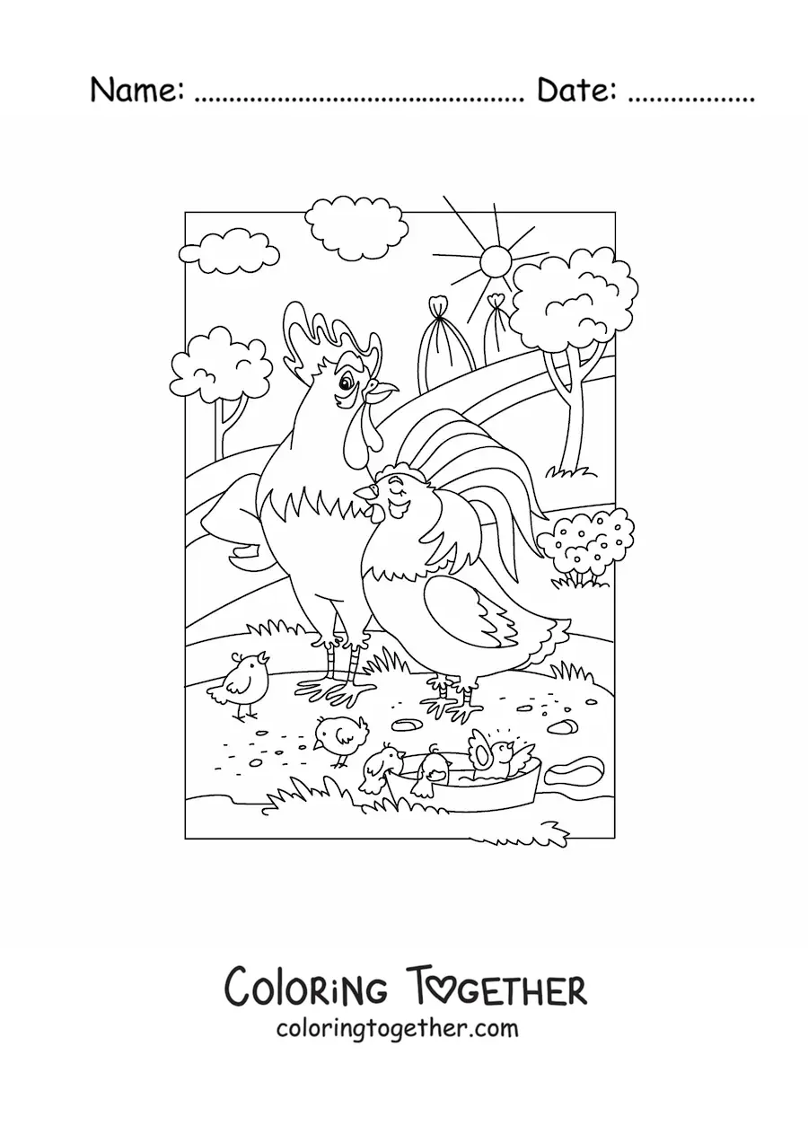 Coloring page of a cartoon hen with a rooster and chicks on the farm