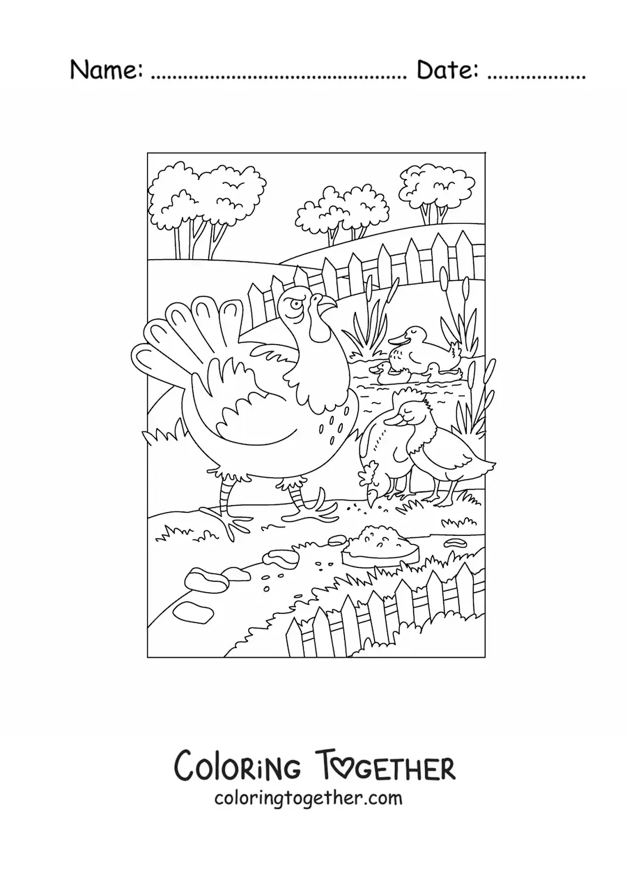 Coloring page of several birds on the farm