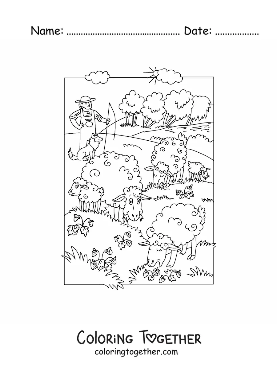 Coloring page of a shepherd with his grazing sheep