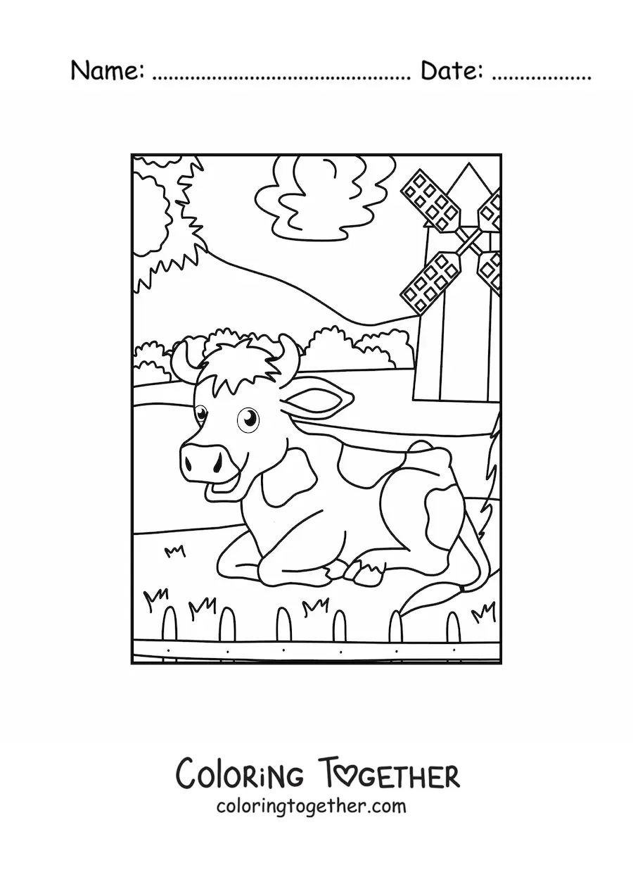 Coloring page of a cartoon cow on the farm