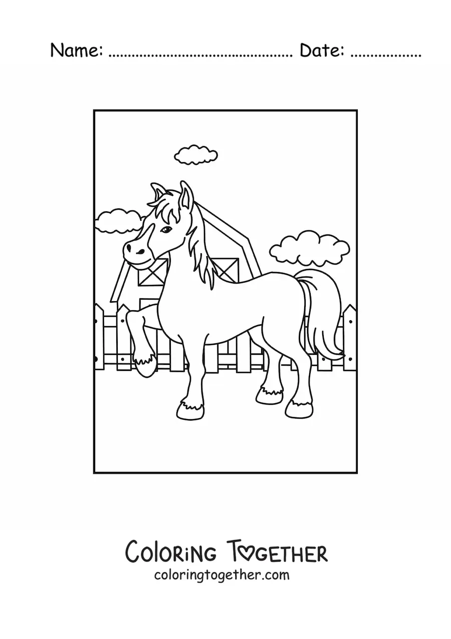 Coloring page of a cartoon horse on the farm