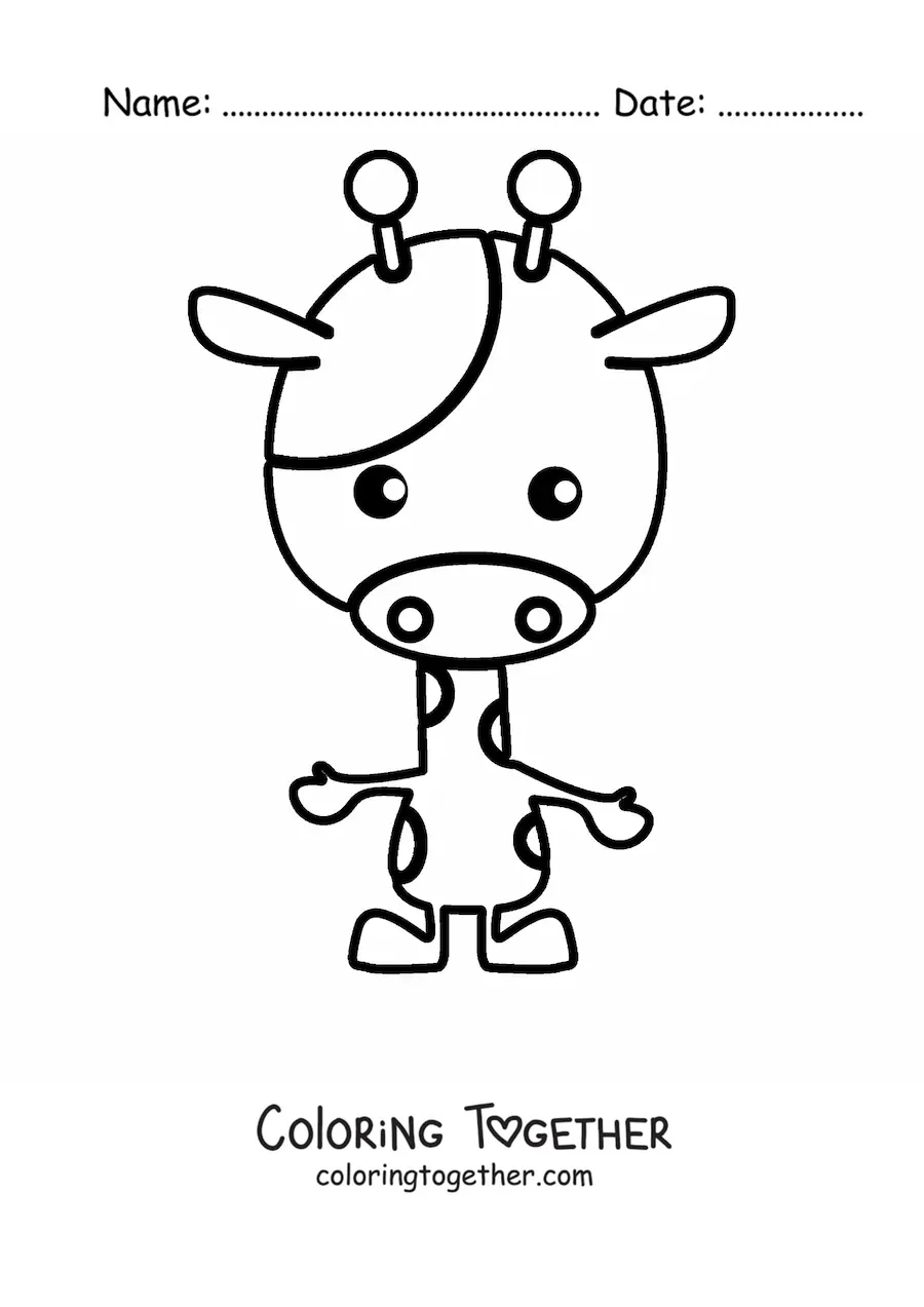Coloring page of a cartoon giraffe standing on two legs and facing forward
