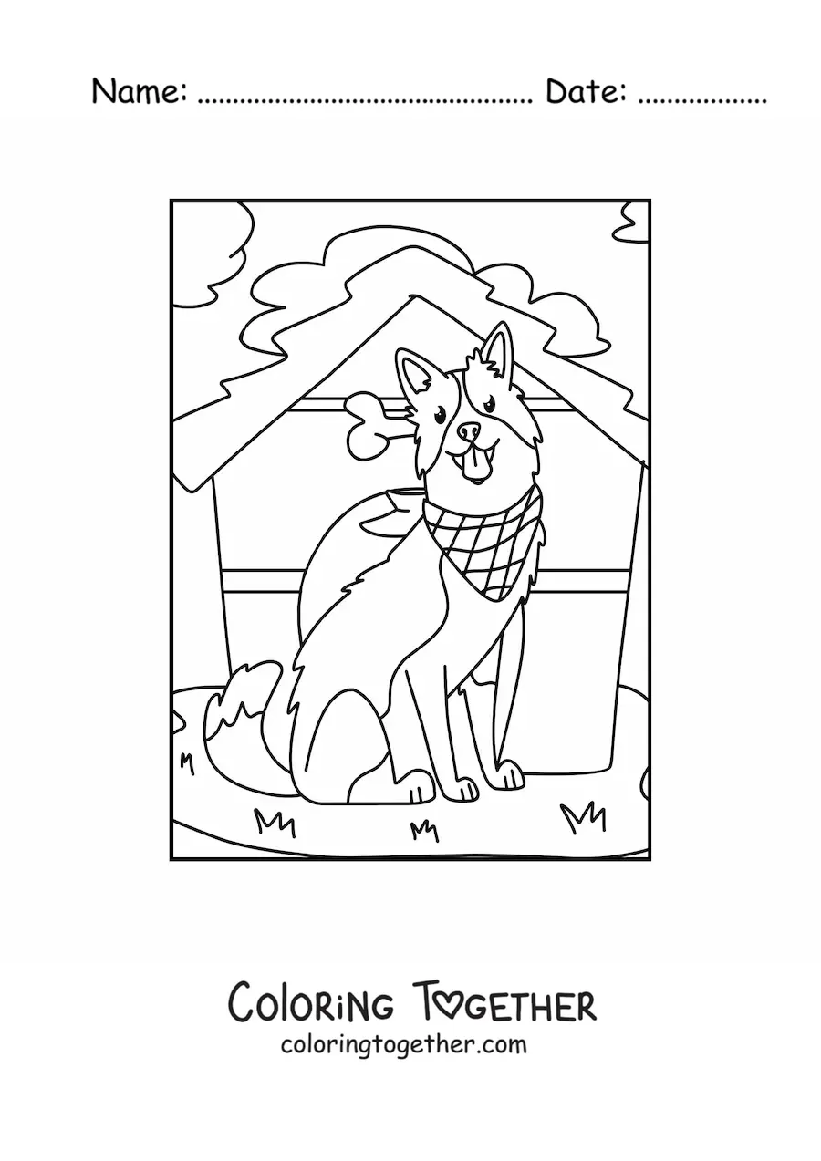 Coloring page of a dog on the farm