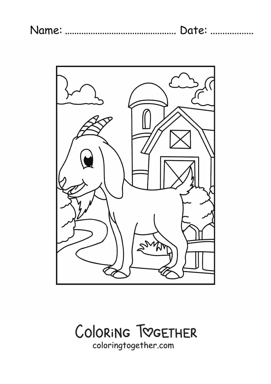 Coloring page of a cartoon goat on the farm