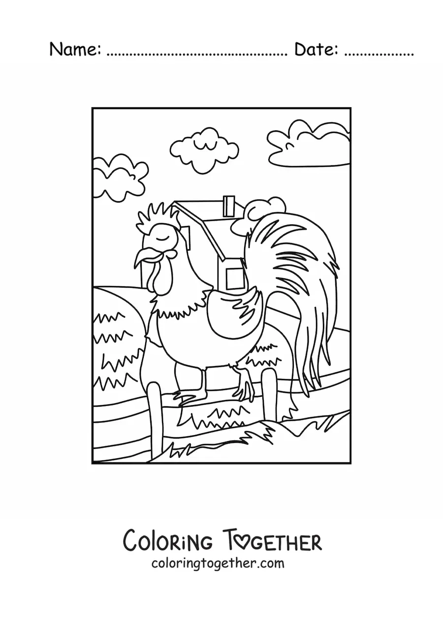 Coloring page of a rooster on the farm