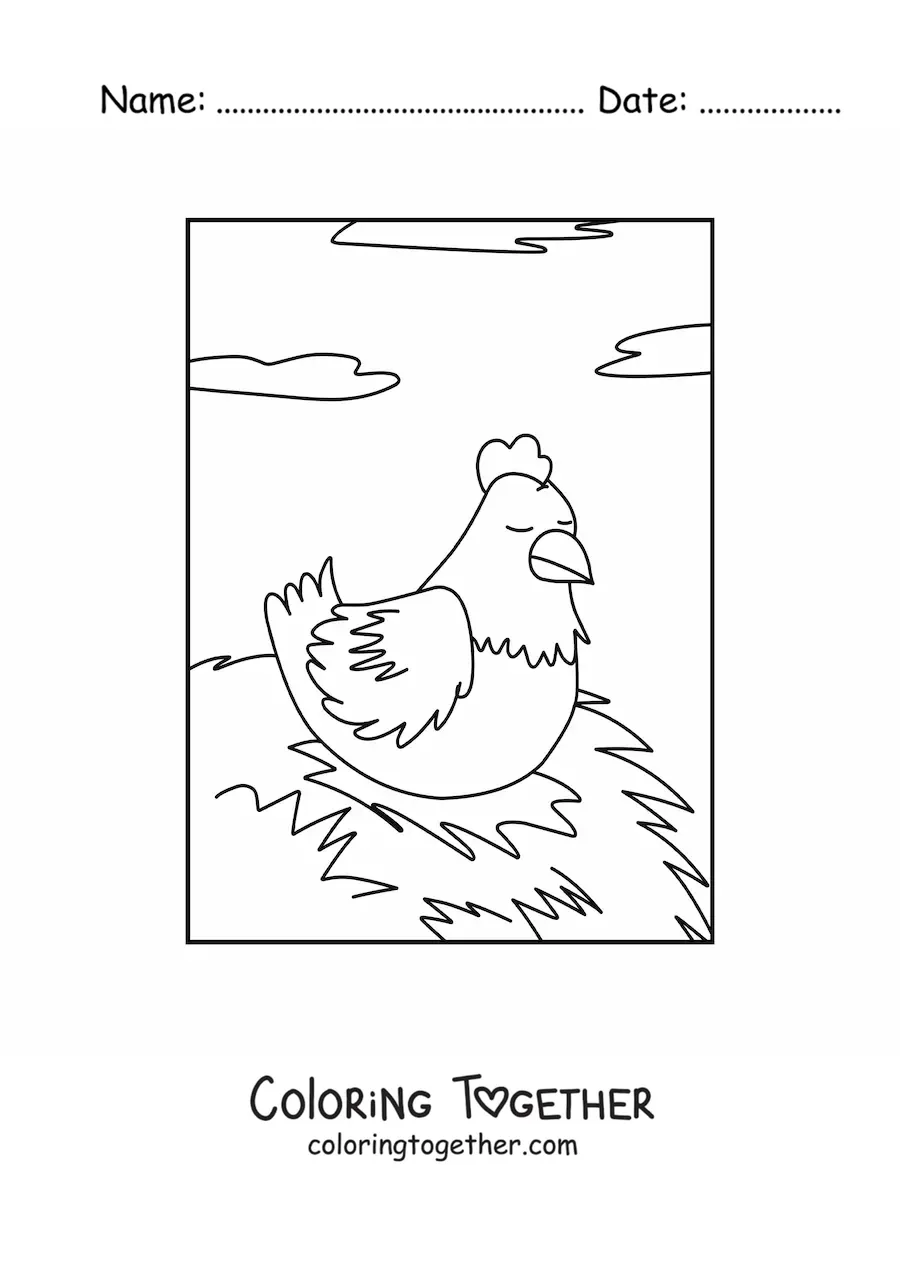 Coloring page of a hen hatching eggs