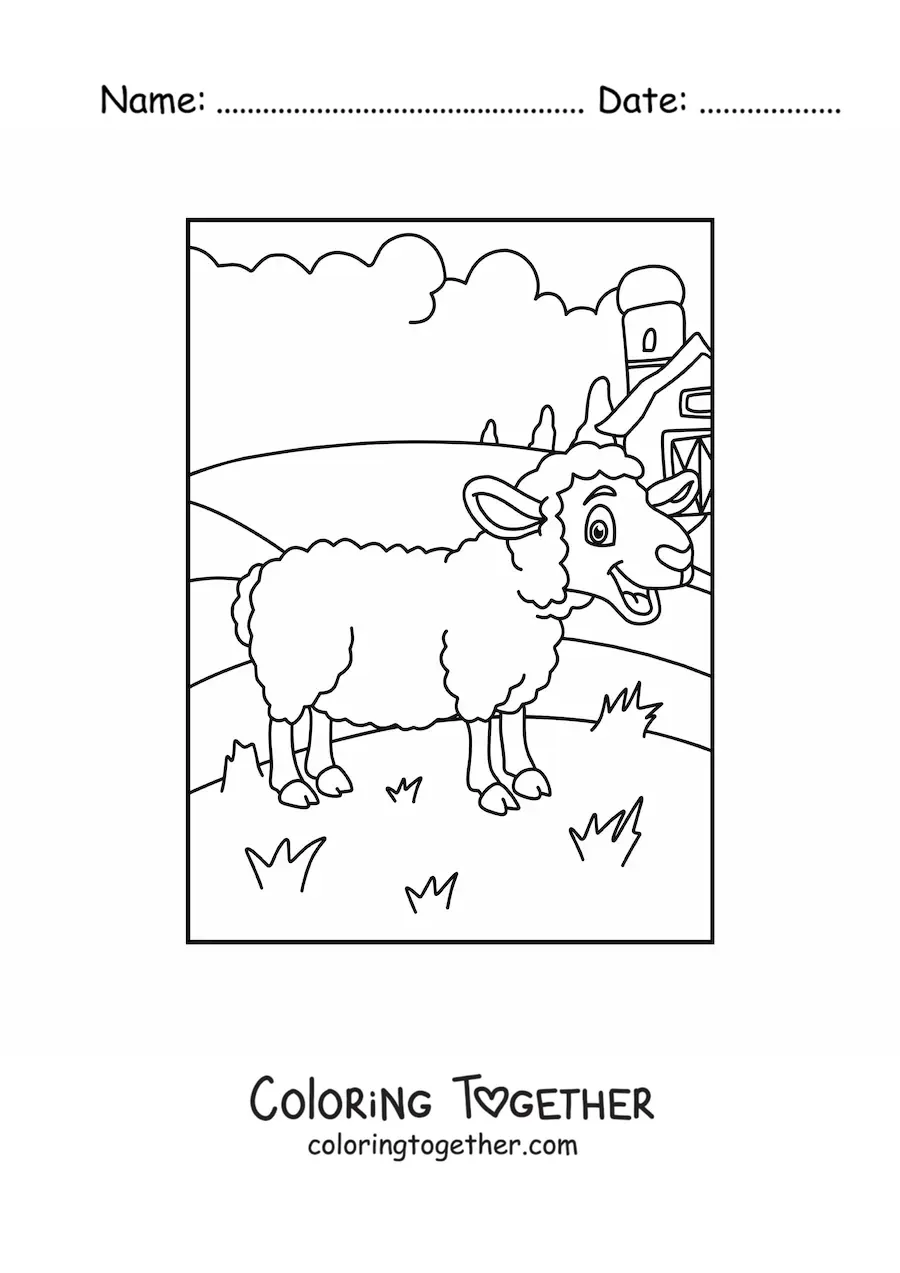 Coloring page of a cartoon sheep on the farm