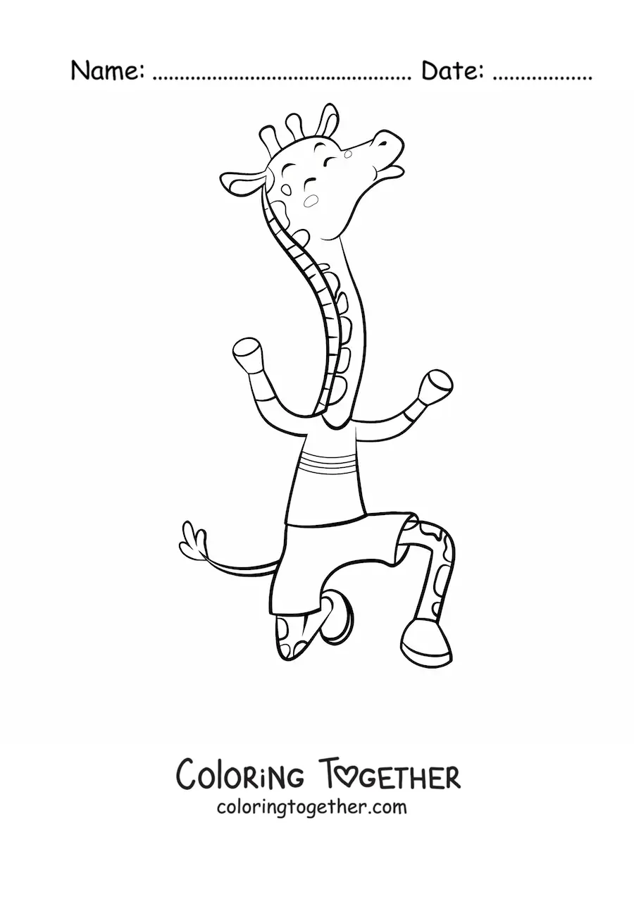Coloring page of a cartoon giraffe dancing on two legs