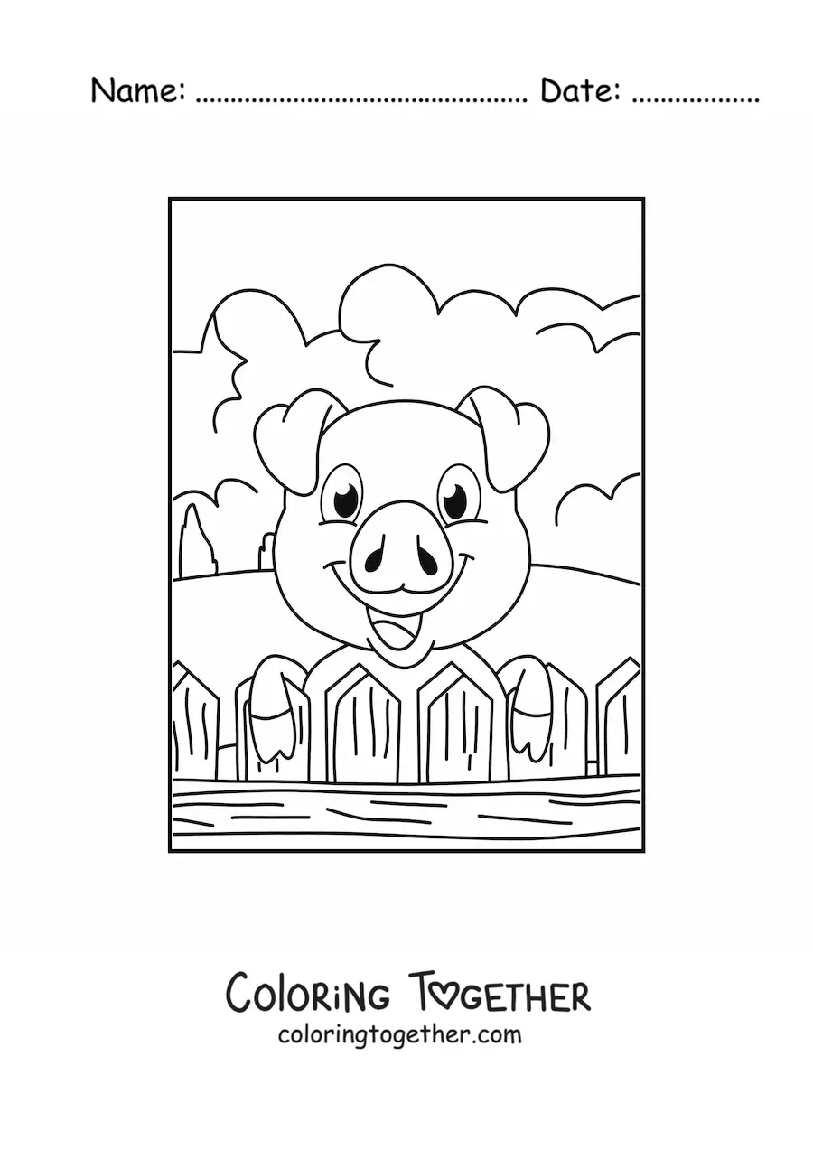 Coloring page of a cartoon pig on the farm