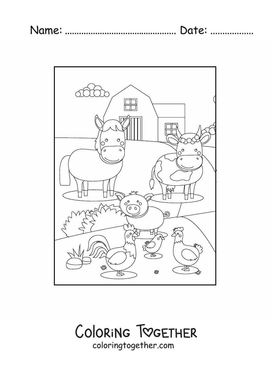 Coloring page of several farm animals