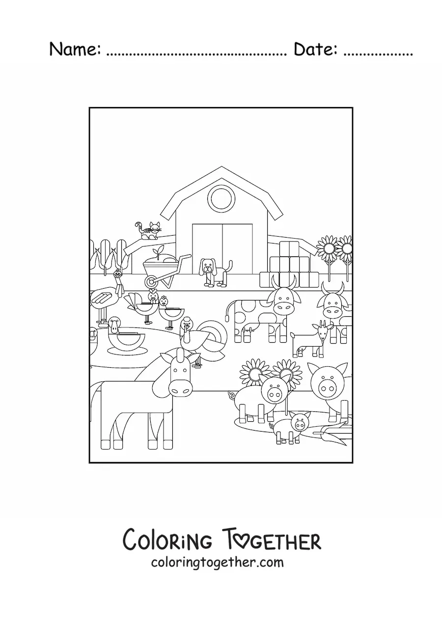 Coloring page of a farm with animals