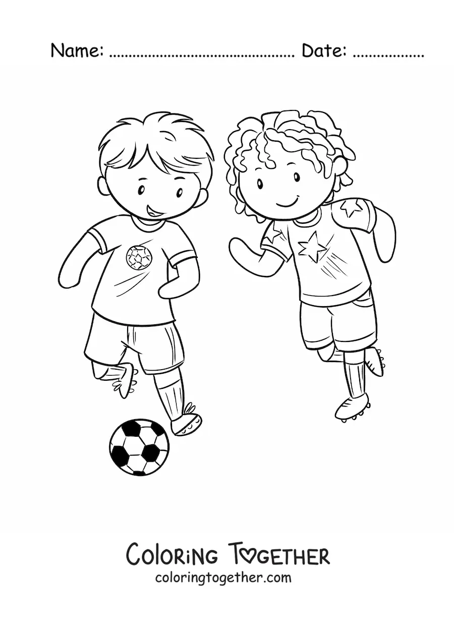 Coloring page of a girl and a boy playing soccer