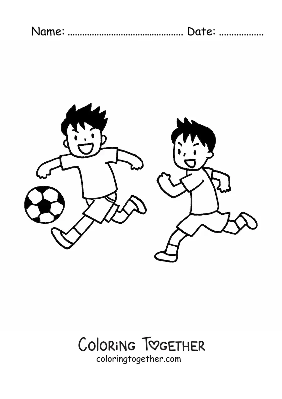Coloring page of two children playing soccer