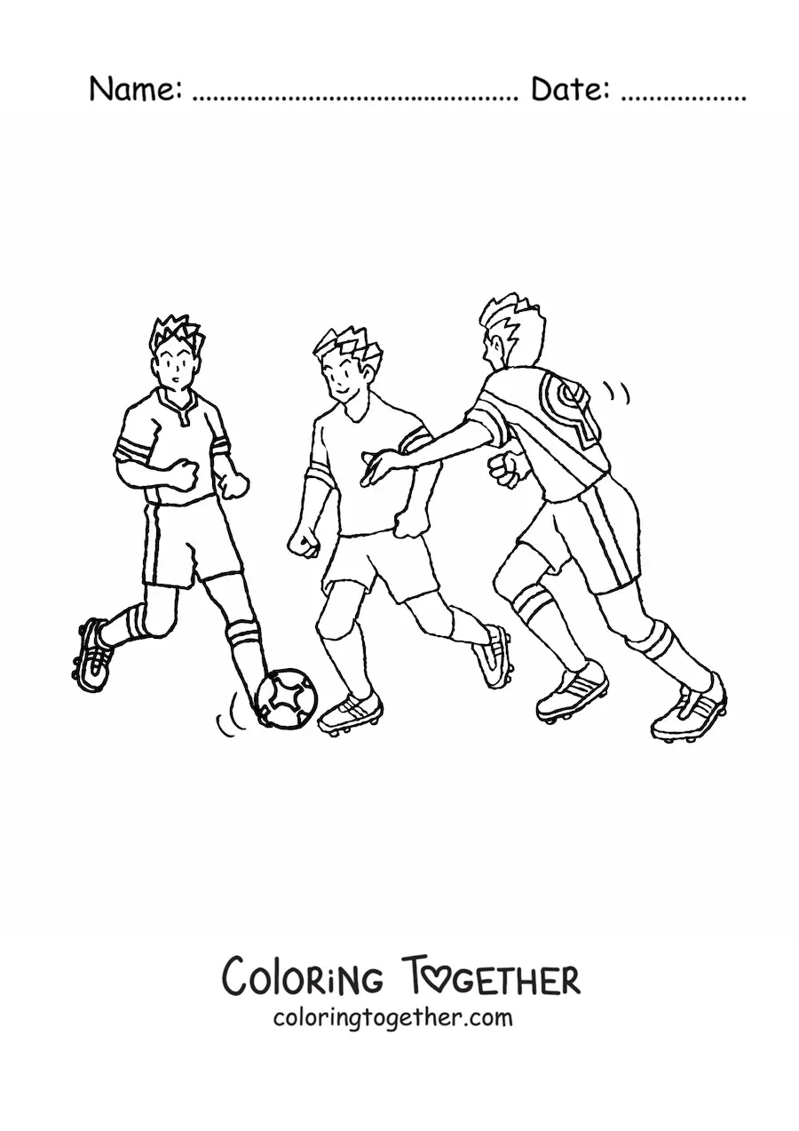 Coloring page of three men playing soccer
