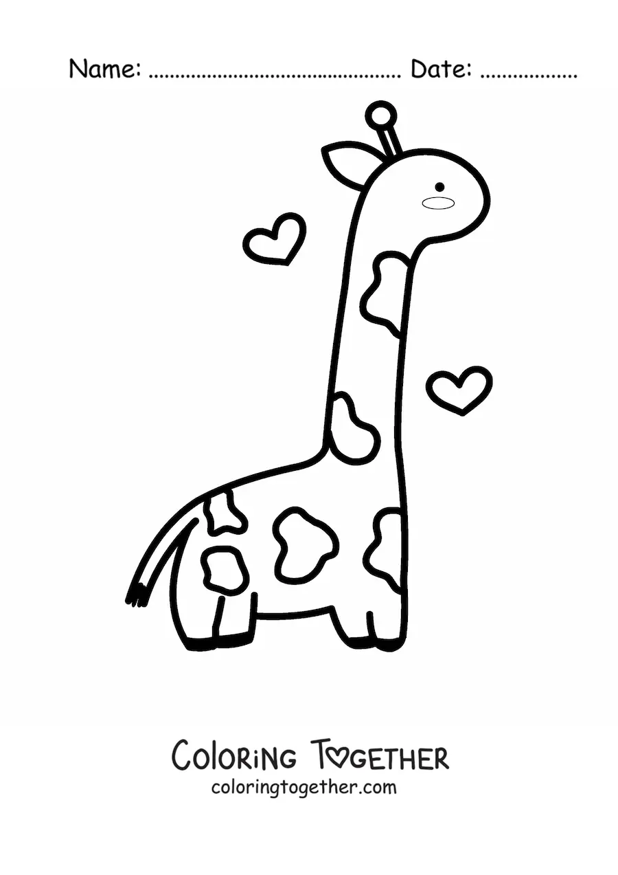 Coloring page of a kawaii giraffe in profile with hearts floating around it