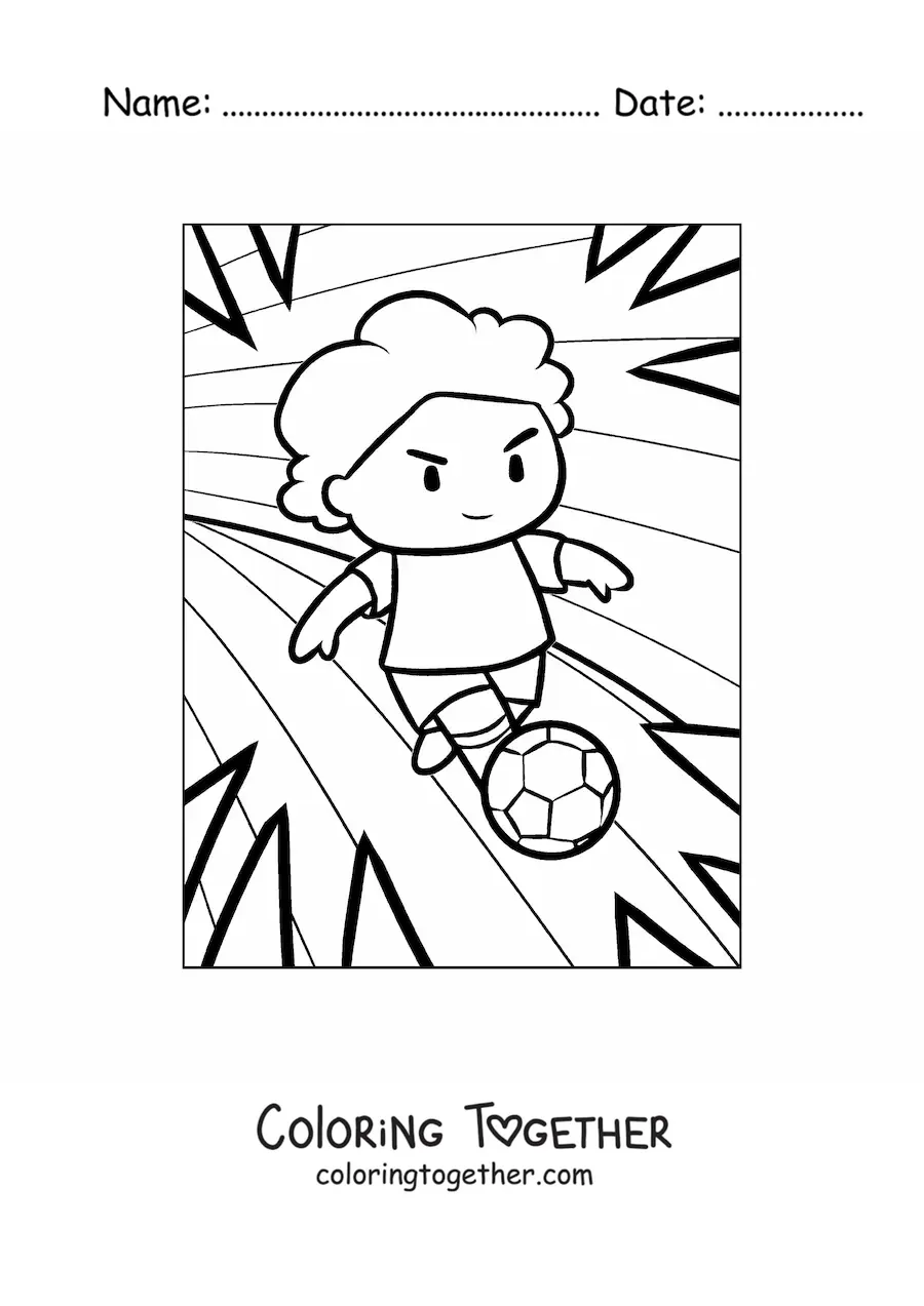 Coloring page of a boy playing soccer