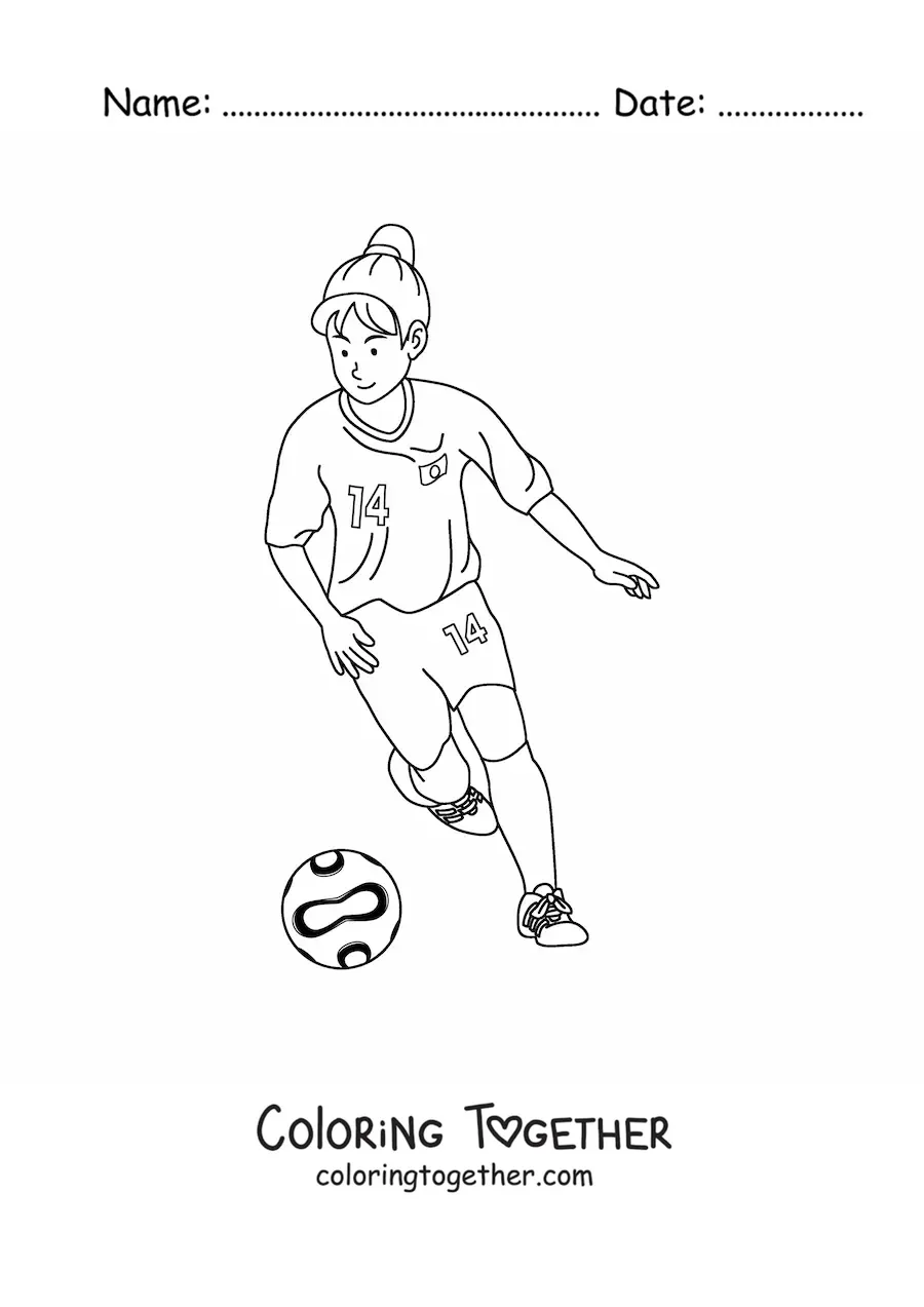 Coloring page of a girl playing soccer