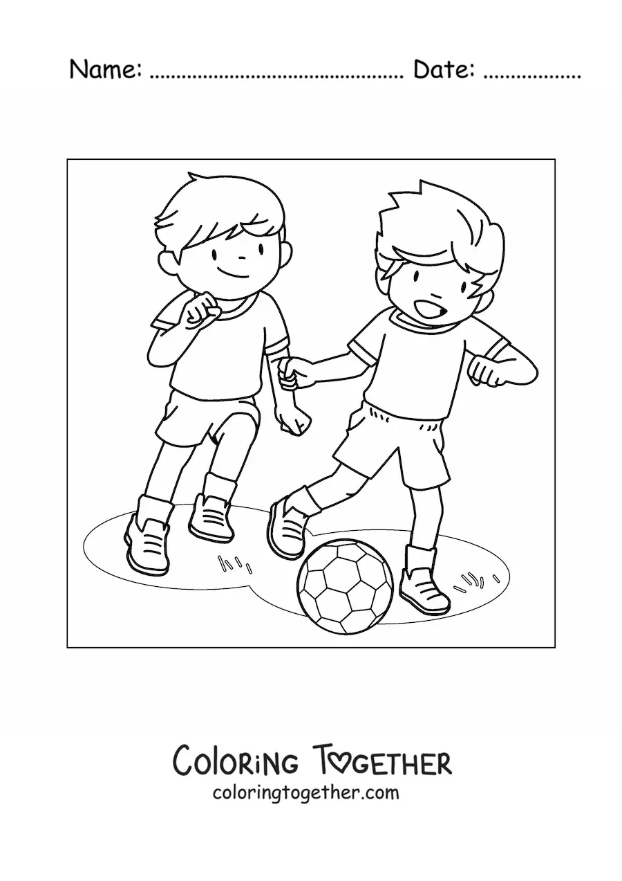 Coloring page of two kids playing soccer