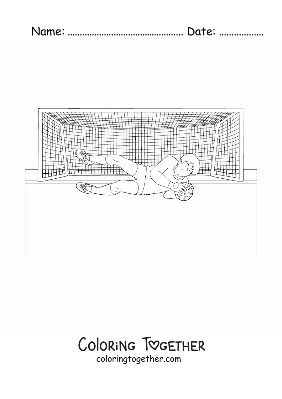 Coloring page of a goalkeeper stopping a ball at the goal