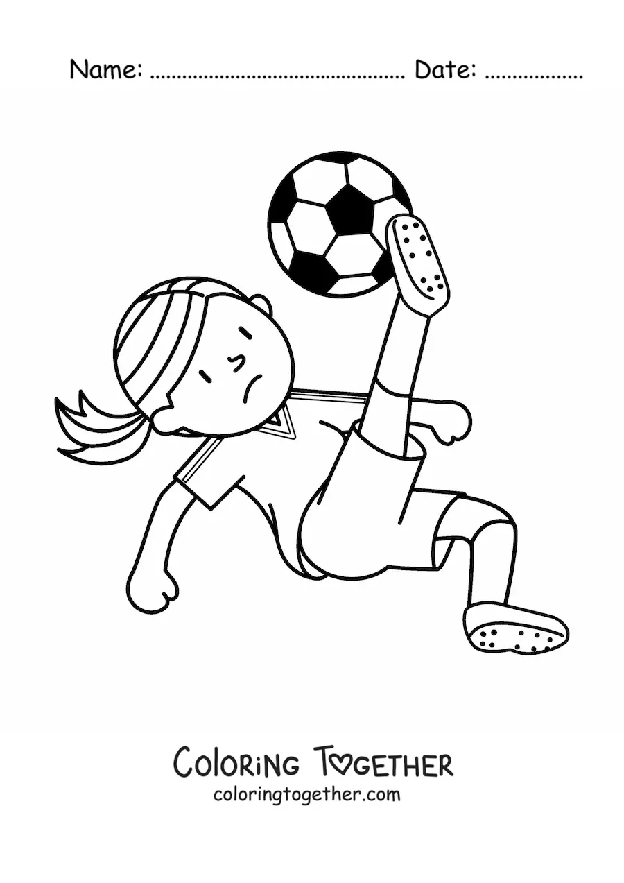 Coloring page of a girl kicking the soccer ball