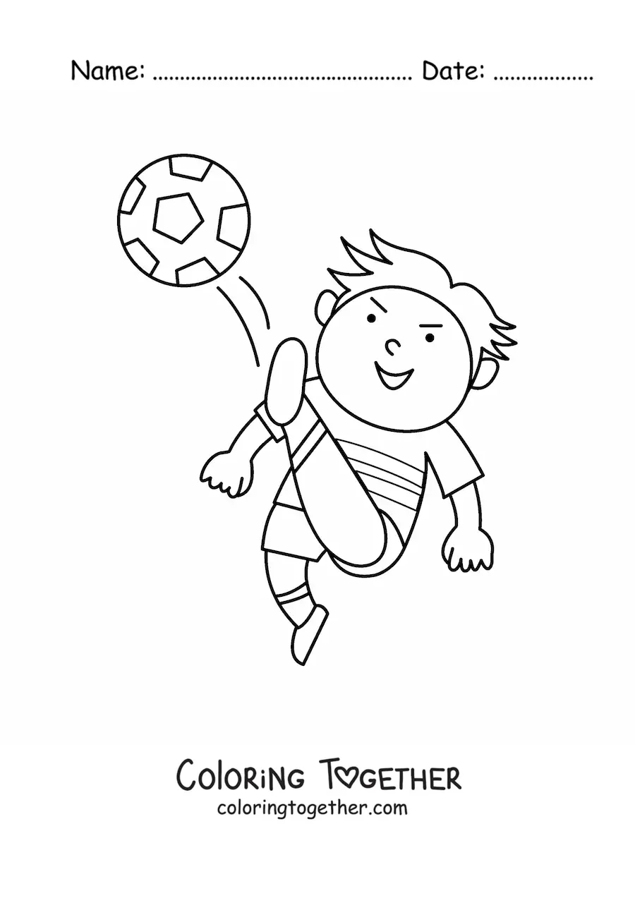 Coloring page of a boy kicking the soccer ball