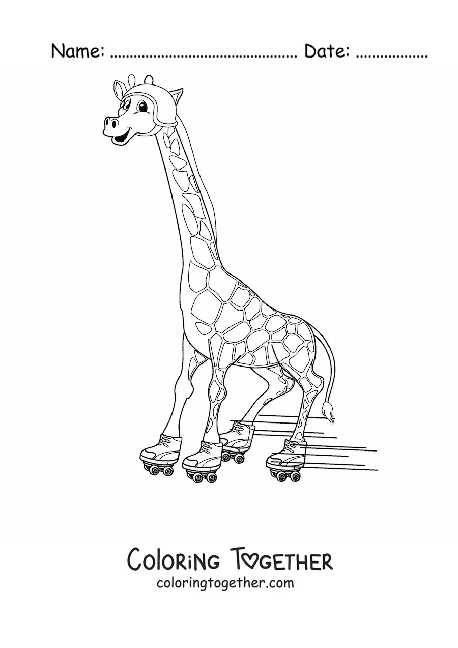 Coloring page of a cartoon giraffe happily skating