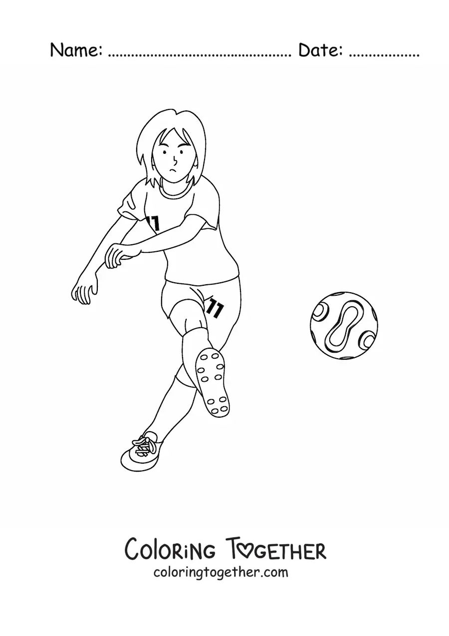 Coloring page of a girl playing women's soccer