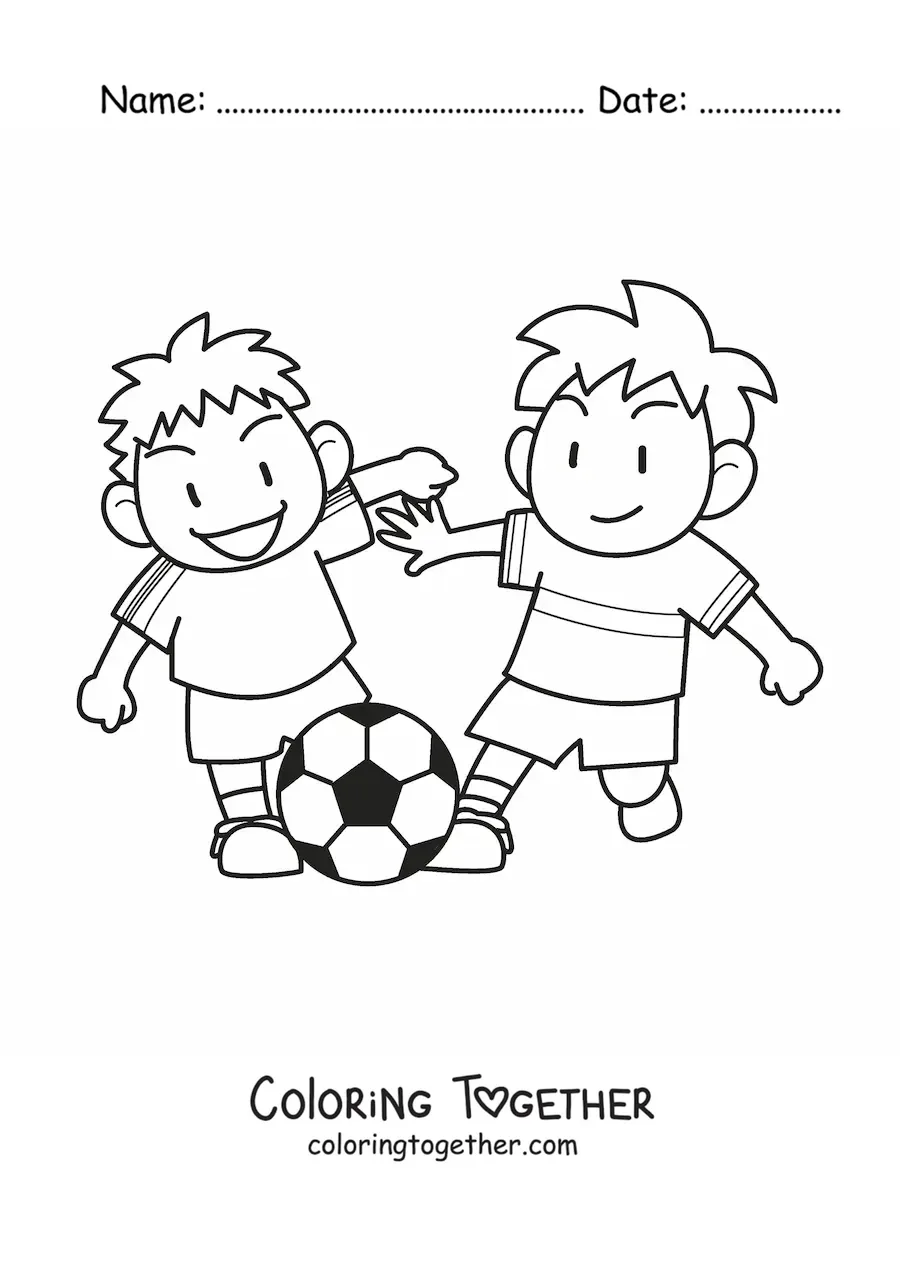 Coloring page of two kids playing soccer