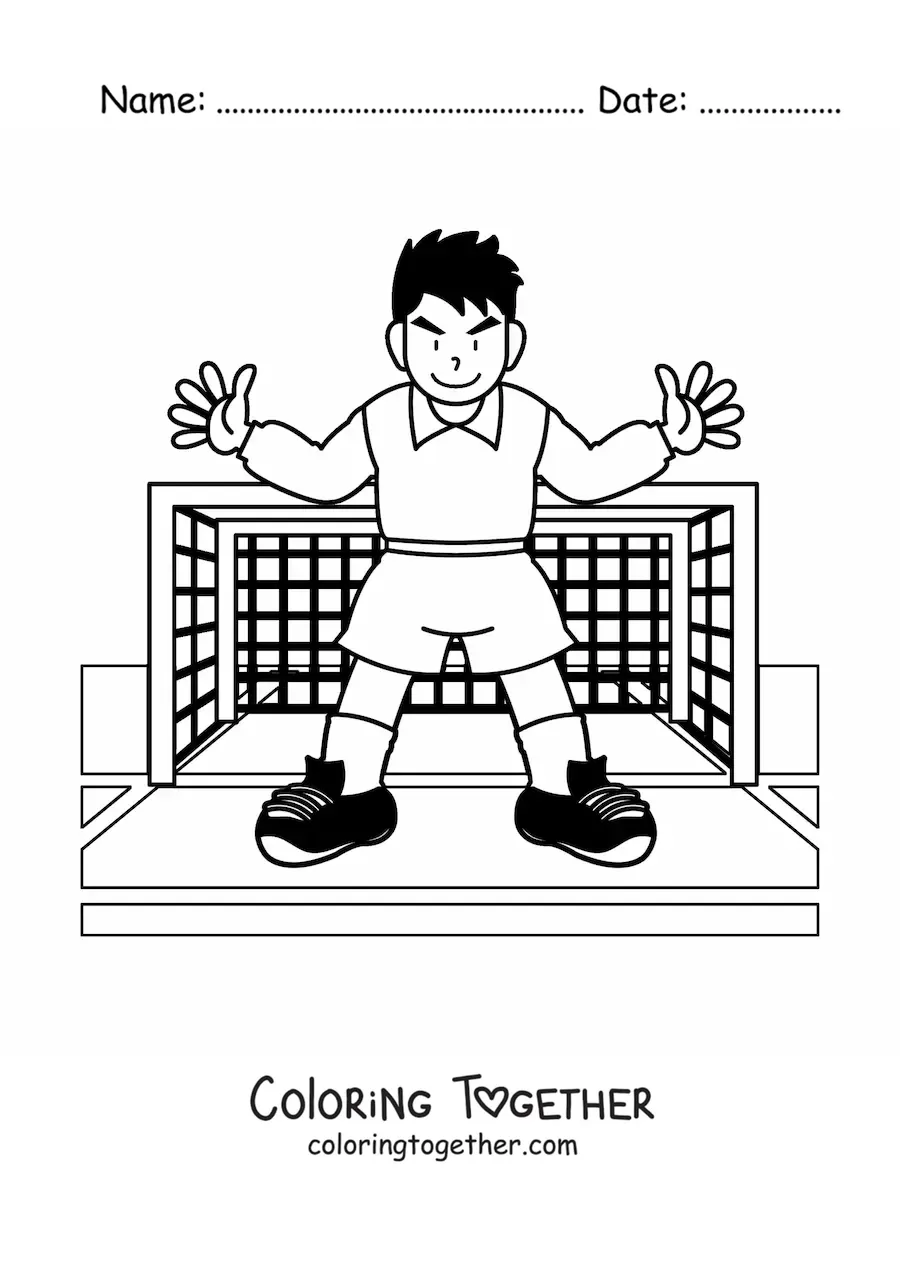 Coloring page of a goalkeeper facing forward in the goal