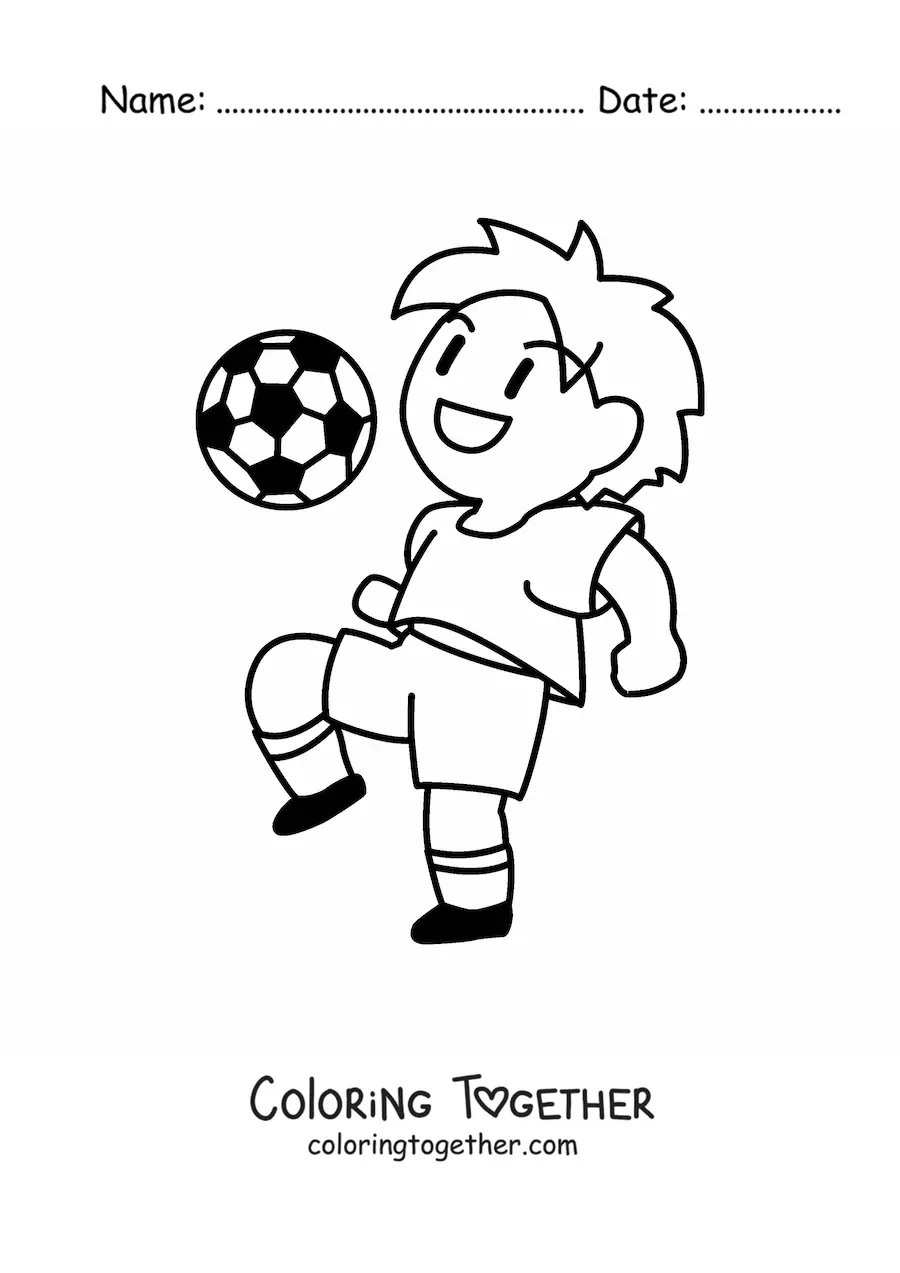 Coloring page of a boy with a soccer ball